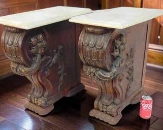 ANTIQUE PAIR WHITE MARBLE TOP CARVED WOOD STANDS, 20TH C.