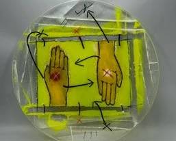 LARGE RESIN WALL ART IN THE STYLE OF GAETANO PESCE WITH STYLIZED HANDS AND SYMBOLS