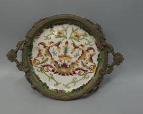 LIMOGES FRANCE HAND‑PAINTED PORCELAIN PLATE IN ELABORATE BRONZE MOUNT — EARLY 20TH CENTURY