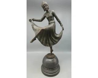 LARGE AFTER JOE DESCOMPS FRENCH ART DECO BRONZE DANCER ON MARBLE BASE