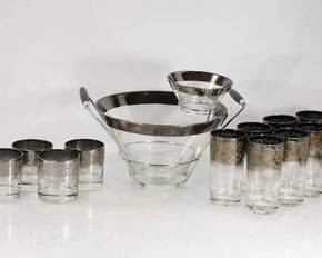 MID CENTURY DOROTHY THORPE SILVER FADE PUNCH SET WITH ORIGINAL GARNISH BOWL