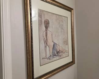 Gold-framed sepia print of seated nude from behind with blue drapery