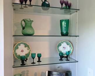 Green blown glass pitcher and vases with gilt-rim floral cabinet plates