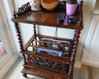 Victorian-style burl walnut canterbury with barley-twist spindles