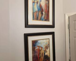 Two framed abstract figurative prints of couples, wood frames, gold liner