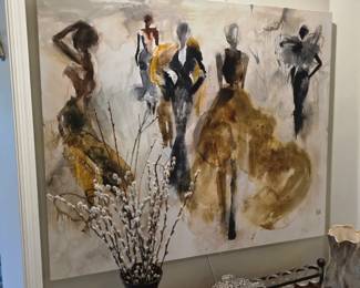 Large abstract figurative canvas of women in flowing gold and black gowns