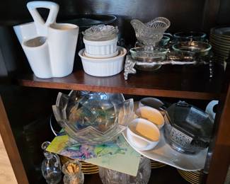Serving glass lot with crystal compote, covered dishes and gold-rim plates