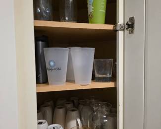 Drinking glasses, frosted tumblers, white mugs and glass pitcher