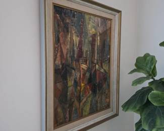 Cubist-style abstract oil painting in jewel tones with linen liner