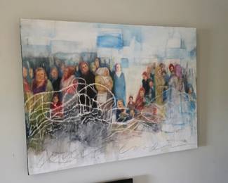 Large unframed mixed media canvas of crowd figures with white line overlay