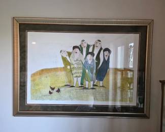 Large framed whimsical print of elderly figures in coats with chickens