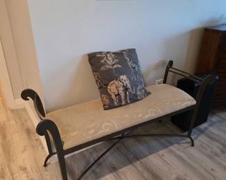 Wrought iron bench with X-stretcher, damask cushion and elephant pillow