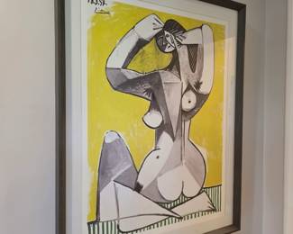 Picasso-style framed print of cubist seated nude on yellow ground