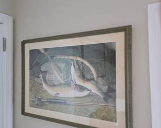 Framed fishing still life print with trout, wood landing net and fly rod