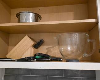 Bamboo knife block with knives, steamer insert and glass mixing bowl