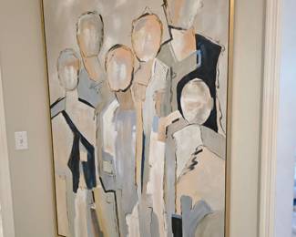 Large abstract canvas of faceless figures in gray, navy and ochre tones