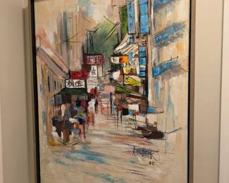 Signed and dated abstract painting of narrow Asian city street, black frame