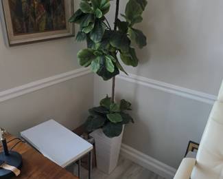 Faux fiddle leaf fig tree in tall white tapered planter with C-table