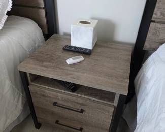 Rustic gray oak-finish nightstand with drawer, open shelf and metal frame
