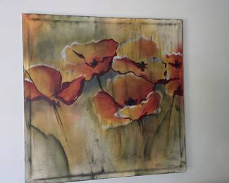 Unframed canvas painting of red-orange poppies on distressed gold ground