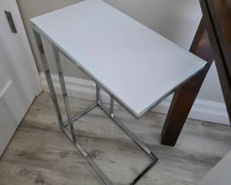 White-top chrome C-shaped laptop side table with sled base