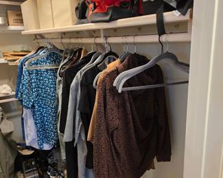 Clothing lot with blue print camp shirt, fleece jackets and sweaters