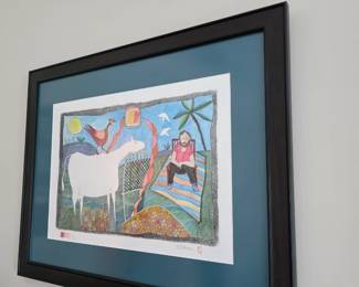 Folk art-style framed print with sheep, rooster and palm tree, teal mat