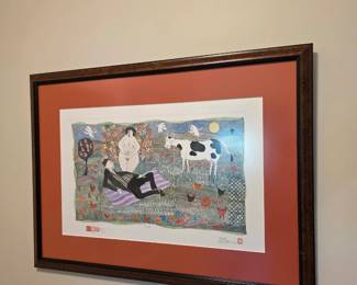 Folk art-style pencil-signed print of reclining figures with cow and hens