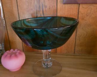 vintage mid-century modern Empoli teal art glass footed compote bowl