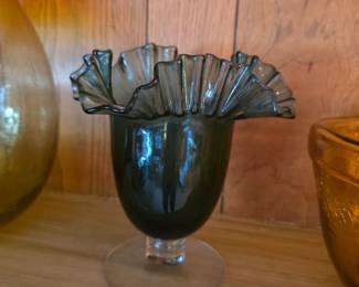 Blenko Glass Vase Charcoal Double Crimped Ruffled Foot (1954-1958)
