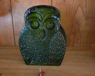 Vintage Blenko Green Glass Owl Bookend #6813