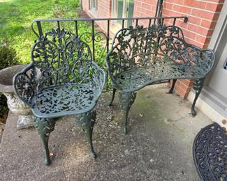 Heavy Iron outdoor bench and chair.