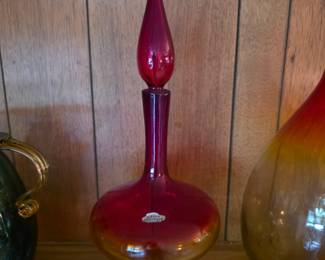 19" Tangerine Blenko Glass Genie Bottle Footed Decanter & Stopper #6212 Wayne Husted