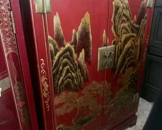 Asian-Style Red Lacquer Cabinet – Raised Mountain Landscape Design with Brass Hardware