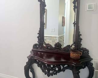 Ornate Carved Wood Console Table with Matching Mirror – Asian-Inspired Statement Furniture