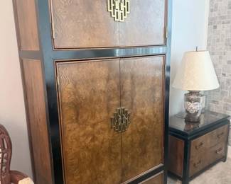 Tall Asian-Inspired Burl Wood Cabinet / Armoire with Brass Hardware & Black Trim