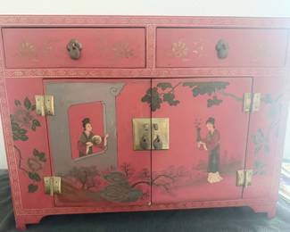Asian-Style Red Lacquer Accent Cabinet – Hand-Painted Figural & Floral Design with Brass Hardware