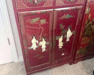 Asian-Style Red Lacquer Cabinet – Hand-Painted Figural & Landscape Design with Brass Accents