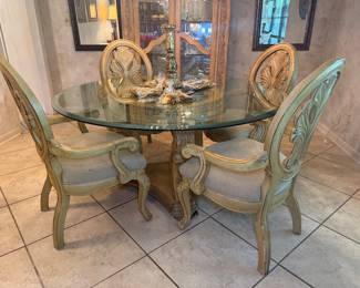 Ornate 8 piece round glass top dining set