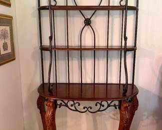 Traditional, multi-tiered wood and wrought iron Baker's Rack