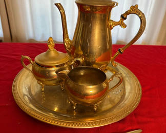 Lot 52: Goldtone Metal Coffee Service Set with Tray and Stirrer