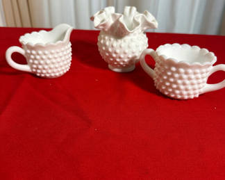 Lot 12: Milk glass White ceramic sugar and creamer and bowl