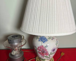 Lot 94: Ceramic Floral Table Lamp and Brookstone Lantern