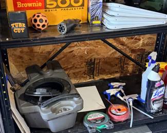 Vintage movie equipment and assorted garage supplies