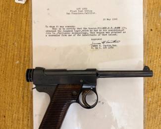 Japanese Type 14 Nambu pistol with bring-back letter.