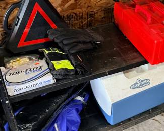 Roadside safety triangle, gloves and garage supplies