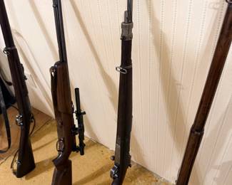 Chilean Modelo 1912 Mauser by Steyr, 7x57mm, serial A1780 matching (center); Western Field 47A .22 with scope.