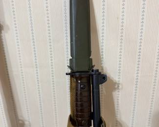 M1 Carbine (Inland receiver, IBM barrel) with M4 bayonet and scabbard.
