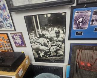 SIGNED BY YOGI JACKIE ROBINSON FRAMED POSTER SLIDING INTO HOME - YOGI SEAID HE WAS OUT !