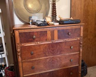 antique chest of drawers, brass tray, retro fan